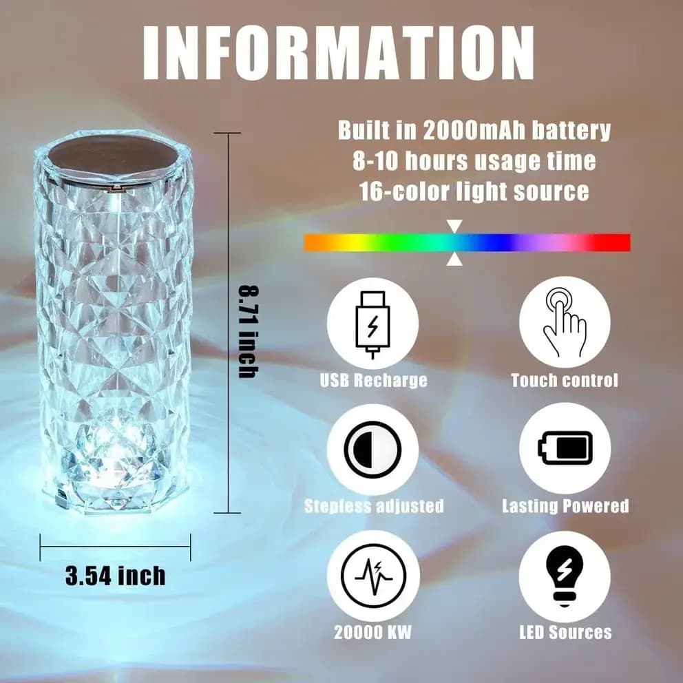 Diamond Crystal Lamp Rose, 16 Colors Changing, USB Rechargeable Table Lamp